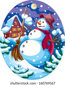Evening Christmas landscape with a snowman