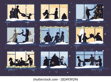 Evening Christmas Window Show Happy Family, Decorated New Year Xmas Tree Silhouette. Parent Children, Lovers, Friends Celebrating Winter Holiday Party Together Greeting Each Other. View From Outside