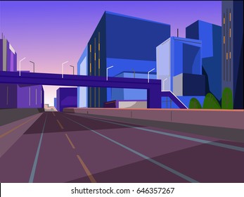 Evening city. A bridge across the road. The lights of a big city. Vector background
