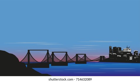Evening city, bridge and sunset over the strait. Vector illustration.
