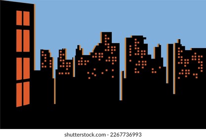 evening city, burning windows, minimalism, flat vector