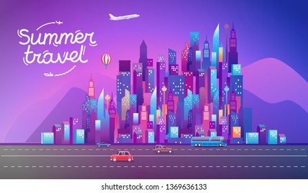 Evening city life. Landscape with buildings and vehicles. Summer travel concept
