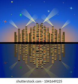 Evening city lights with reflection on the water against the starry sky. Vetor, Illustration