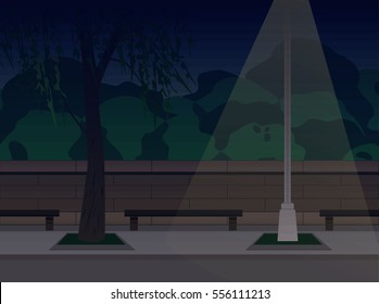 evening city park background with benches and fence wall