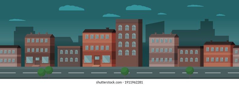 Evening city seamless pattern. Cityscape with houses facades. Flat vector illustration