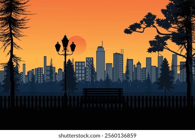 Evening City Skyline with Street Lamp and Park Bench Illustration, Minimalist Sunset Cityscape with Nature Elements