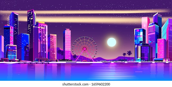 Evening city at sunset. Flat Vector Illustration Cartoon. Design in bright neon colors. Abstract modern technology. 