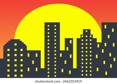 evening city vector with orange living building lights. Evening city vector illustration