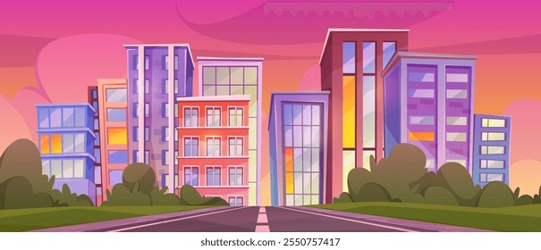 Evening city view, landscape of town with road and skyscrapers, pink sky with clouds. Vector sunset cityscape with buildings facades and exteriors. Modern skyline and architecture, urban scene