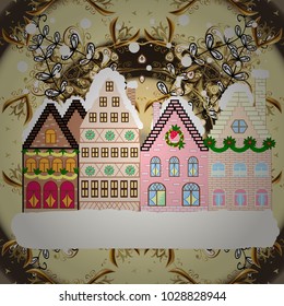 Evening city winter landscape with snow cove houses and christmas tree. Holidays Vector illustration.