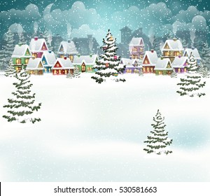 Abends Winterlandschaft mit schneebedeckten Häusern und Weihnachtsbaum. Feiertage, Vektorgrafik