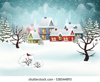 Abends Winterlandschaft mit schneebedeckten Häusern und Weihnachtsbaum. Vektorgrafik von Feiertagen