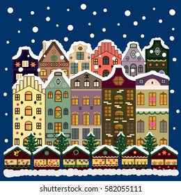 Evening city winter landscape with snow cove blue houses and christmas tree. Holidays Vector illustration.