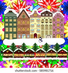 Evening city winter landscape with snow cove houses and christmas tree. Holidays Vector illustration.
