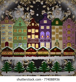 Evening city winter landscape with snow cove houses and christmas tree. Holidays Vector illustration.