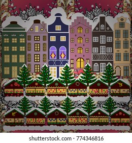 Evening city winter landscape with snow cove houses and christmas tree. Holidays Vector illustration.