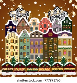 Evening city winter landscape with snow cove houses and christmas tree. Holidays Vector illustration.