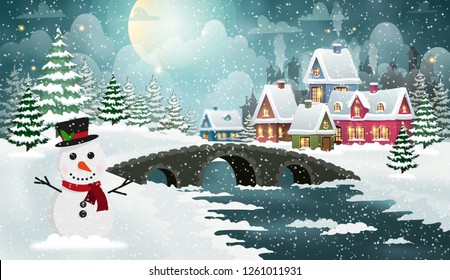 Evening city winter landscape with snow-covered houses, snowman and bridge over frozen river on the foreground. Christmas holidays vector illustration