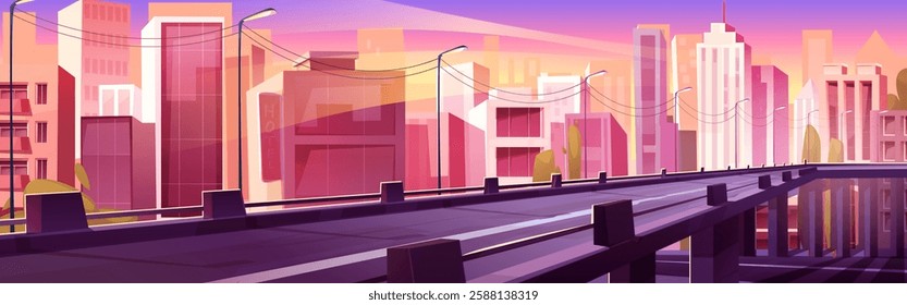 Evening cityscape with modern buildings and flyover road. Vector cartoon illustration of urban view with housing and office skyscrapers and bridge highway under sunset sky, transport infrastructure