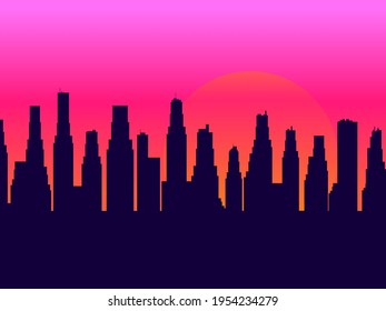 Evening cityscape with skyscrapers. Sunset landscape, city view in a flat style. Contour of skyscrapers, panorama of the city. Vector illustration