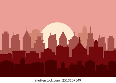 Evening cityscape . vector illustration in a flat design. City landscape at twilight. Sunset background. City skyline at sunset.