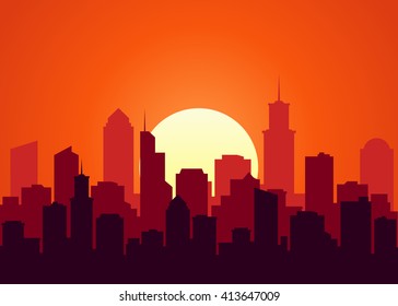 Evening cityscape vector illustration. Sunset landscape concept. City at sunset in a flat style. 