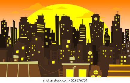 Evening cityscape vector illustration. Sunset landscape vector concept illustration