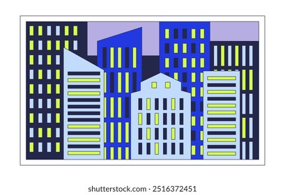 Objeto de desenho 2D da janela da paisagem urbana noturna. Elemento isolado do quadro da cidade noturna clipart do vetor plano no fundo branco. Edifício de vida noturna exterior. Cidade noturna do centro. Ilustração pontual