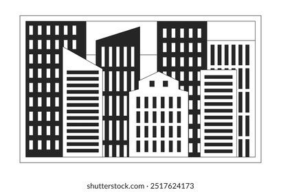 Evening cityscape window black and white 2D line object. Nighttime city frame isolated clip art vector outline item. Nightlife building exterior. Downtown night town. Monochromatic spot illustration