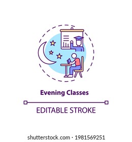 Evening classes concept icon. Staff training type idea thin line illustration. Attending night school. Education courses for adults. Vector isolated outline RGB color drawing. Editable stroke
