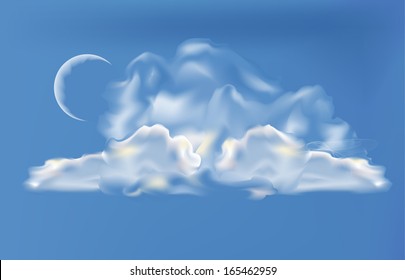 Evening clouds, illuminated by the departing sun and the new moon.
