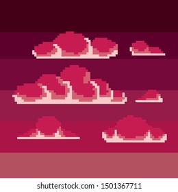 Evening clouds pixel art icon set isolated vector illustration, 8-bit video game sprite.