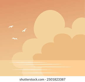 Evening cloudy landscape at sea. Beautiful nature and peaceful seascape. Reflection in water. View of the horizon line. Clouds and seagulls. Flat vector illustration