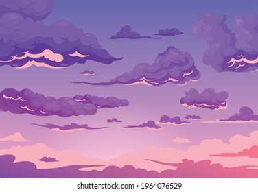 Evening cloudy sky purple background with group of cumulus and cirrus clouds flat cartoon vector illustration