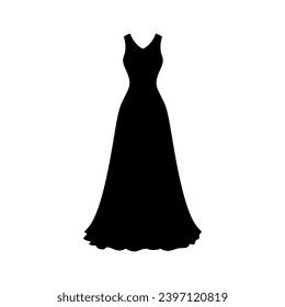 Evening cocktail black dress. Woman clothing. Silhouette apparel. Long maxi, full and floor length dress icon. Vector illustration