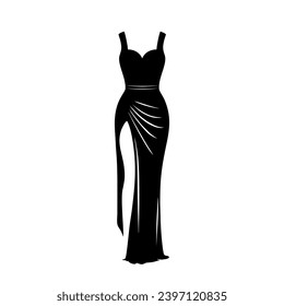 Evening cocktail black dress. Woman clothing. Silhouette apparel. Long maxi, full and floor length dress icon. Vector illustration