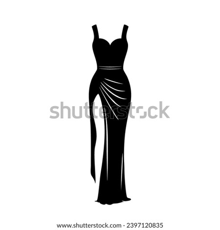 Evening cocktail black dress. Woman clothing. Silhouette apparel. Long maxi, full and floor length dress icon. Vector illustration
