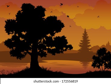 Evening contour black and orange landscape: trees, river and birds. Vector