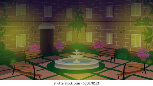 evening courtyard background with fountain and benches
