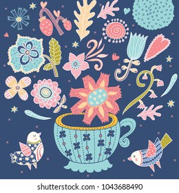Evening cup of tea. Cute card with tea, birds and flowers.