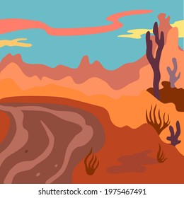 Evening in the desert, cacti, road, clouds and dunes. Bright landscape, Arizona, hippie road, vacation, travel, adventure, heat. 
Flat vector illustration, bright cartoon style