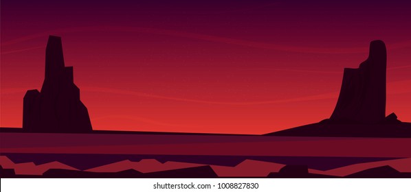 evening in the desert vector illustration. rock silhouettes, sunset glow