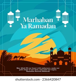 Evening Dessert Ramadan with Mosque and Camels silhouette on the background