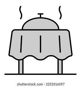 Cena nocturna, mesa con manteles, comida caliente bajo cubierta de cúpula - ícono, ilustración de fondo blanco, estilo gris