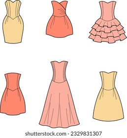 Evening dress flat sketch. Holiday gown apparel design. Front view. Women CAD mockup. Fashion technical drawing template. Vector illustration.