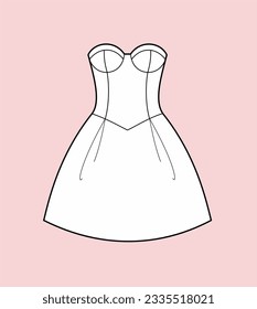 Evening dress flat sketch. Holiday gown apparel design. Front view. Women CAD mockup. Fashion technical drawing template. Vector illustration.