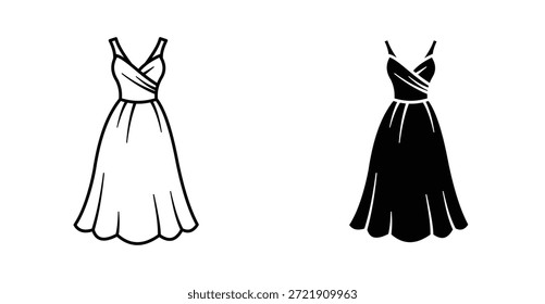 Conjunto de ícone de vestido de noite. Símbolo de vetor de vestido de noite em preto e estilo contornado.