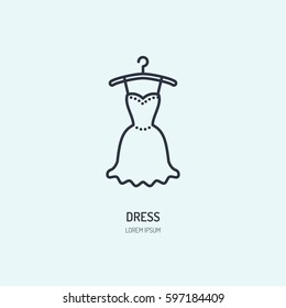 Evening dress on hanger icon, clothing shop line logo. Flat sign for apparel collection. Logotype for laundry, clothes cleaning.