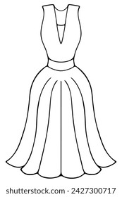 Evening dress on two shoulders, with a deep neckline. Floor-length sundress, with a full skirt, sleeveless. Sketch. Women's clothing with a narrow waist, closed back and pleats at the hem. 