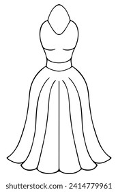 Evening dress with one strap around the neck. Sketch. A floor-length festive sundress with a full skirt. Women's clothing with a narrow waist and pleated hem. Vector illustration. Doodle style. 